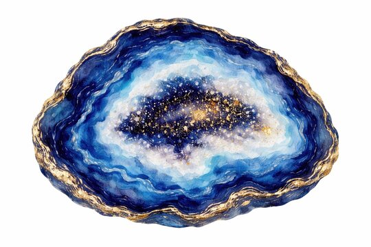 A blue watercolor agate geode slice with sparkling gold accents and a metallic rim. It features layered shades of indigo suggesting natural luxury. Perfect for elegant wedding invitations.