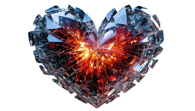 Un cuore frantumato di vetro o ghiaccio con un nucleo ardente, simbolo di dolore, passione o fragilit&agrave;, isolato su sfondo bianco.