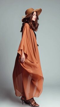 Stylish Woman Posing in Flowing Orange Kaftan and Hat.