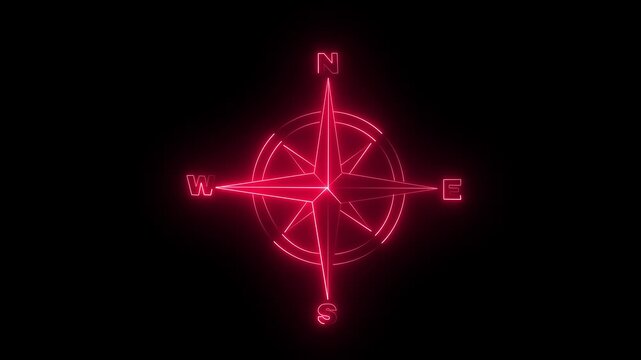 Glowing vertical neon north~south~east~weast star icon black background animation.4k vidro animation.