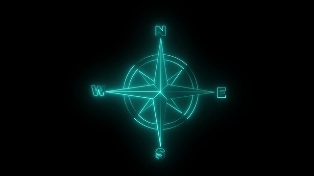 Glowing vertical neon north~south~east~weast star icon black background animation.4k vidro animation.