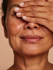 Fototapeta premium Contemplative Woman with Hand Over Eyes, Close-up Portrait