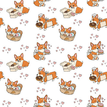 Corgi donut bakery seamless pattern with cute dog and bread basket