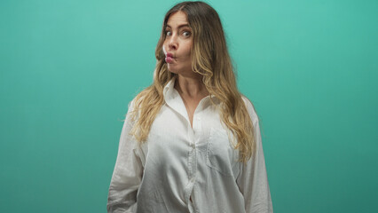 Fototapeta premium Middleaged hispanic woman puckering lips in white shirt, mouth gesture standing against teal studio wall; playful mischief.