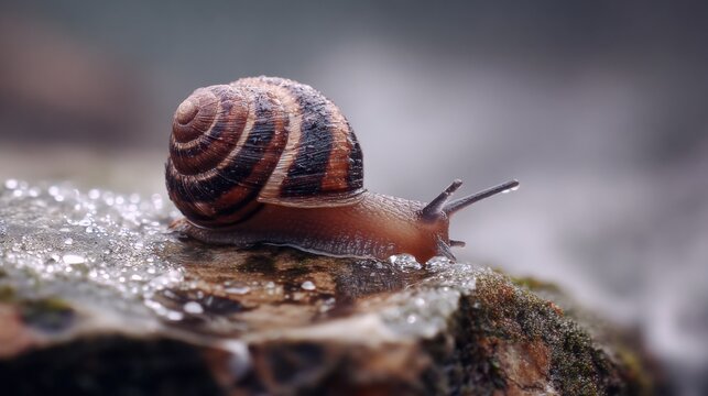 A tiny brown snail with a spiral shell slowly inches along a wet, moss-covered rock in nature