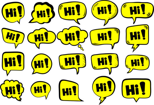 Cartoon comic sign burst clouds. Speech bubble, Hi sign expression and pop art text frames. Comics mem expressions speech, superhero book Bang label. Isolated vector symbols set