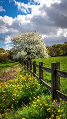 Fototapeta premium Blossoming Tree Along a Rustic Fence in a Vibrant Meadow Scene