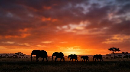 Obraz premium Cinematic wide shot silhouette of an African elephant family walking at sunset across savanna