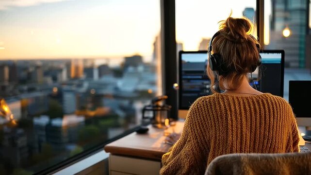 Over the shoulder view of a person in a chunky ochre yellow sweater and cushioned headphones working on a large curved monitor in a loft with warehouse style windows
