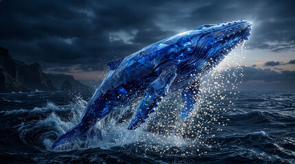 Naklejka premium A majestic humpback whale made of translucent sapphire crystal jumping out of a stormy ocean