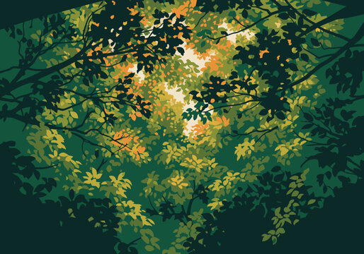 stylized forest canopy view dappled sunlight filters through lush green foliage A vibrant textured illustration evokes a sense of tranquility and natural beauty