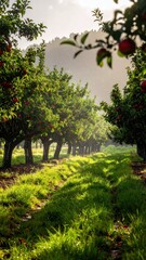 Obraz premium Lush Apple Orchard with Sunlight Filtering Through Tree Canopy