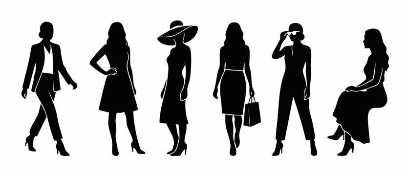 Woman Silhouette Fashion - Diverse Poses of Stylish Women in Various Outfits, Standing, Walking, and Sitting on a Chair, Black Shapes on White Backgrounds. Generative AI