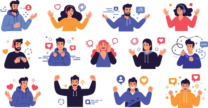 People Emotions and Reactions Characters Set with Social Media Icons Showing Feelings Expressions and Communication Concepts for Modern Digital Vector Illustration Design.