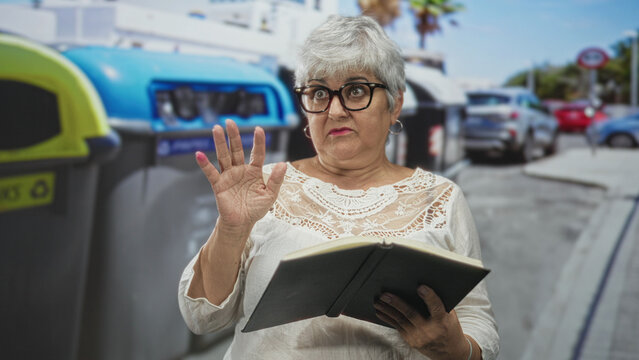Woman with grey hair and glasses holding open book raises palm in street beside recycling bins and parked cars while reading and gesturing expressively; reflection surprise.