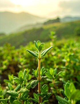 Lush, green herb in focus against blurred mountains and morning sunlight