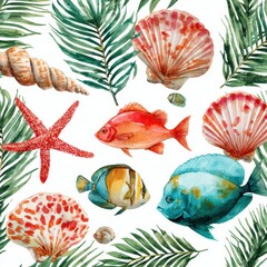 Obraz premium This pattern features hand-painted seashells tropical fish coral starfish and palm fronds in vibrant watercolors on a light background.