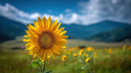 Fototapeta premium Vibrant Sunflower Facing the Sun in a Blooming Field Under a Blue Sky