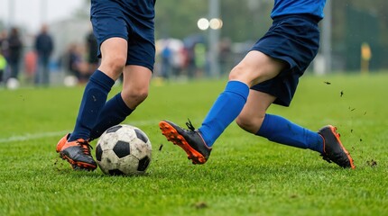 Obraz premium Low angle action shot of two soccer players competing for the ball on a green grass field wearing blue shorts and socks with black cleats