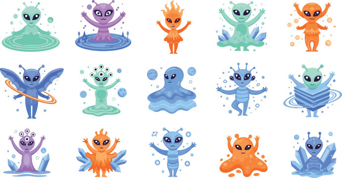 Cute Alien Characters Set with Colorful Extraterrestrial Creatures in Different Shapes Cartoon Style for Kids Design Sci Fi Theme and Vector Illustration Collection.