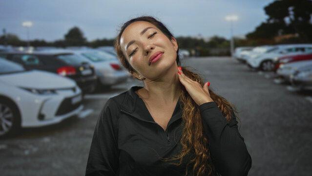 Woman tilting head with face up, hand brushing long hair by parked cars on street during dusk; serenity.