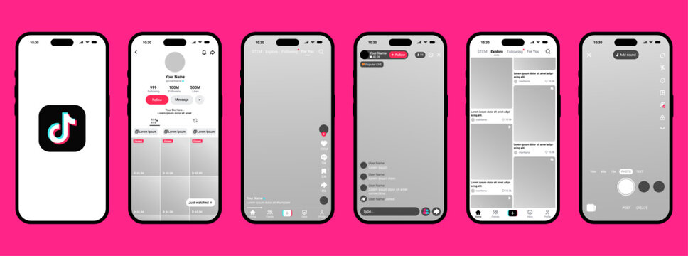TikTok mobile app interface smartphone UI UX screen mockup. Short video feed, profile, comment, like, share button. TikTok live streaming screen layout template, social media app design