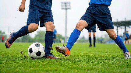 Fototapeta premium Low angle view of two soccer players competing for a ball on a green grass field during a match with stadium lights in the background