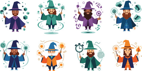 Naklejka premium Fantasy Wizard Characters Set with Magic Spells Staff and Enchanted Elements Cartoon Style for Game Design Storytelling and Vector Illustration Collection.