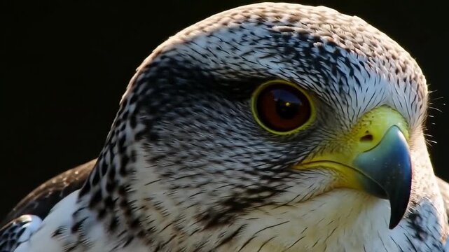 Majestic falcon with piercing eyes and detailed plumage, captured in a powerful close-up against a dark background.