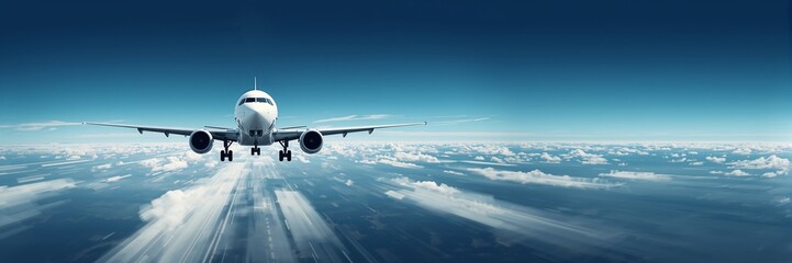 Naklejka premium Airplane approaching through clouds in wide banner with copy space, front view aviation scene, travel destination concept, modern transport.