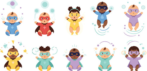 Cute Superhero Babies Cartoon Set with Diverse Kids Characters, Flying Poses, Superpowers, and Adorable Hero Costume Vector Illustration Collection. © MstSuborna
