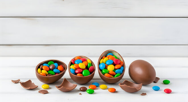 Colorful chocolate eggs with m ms on a wooden surface