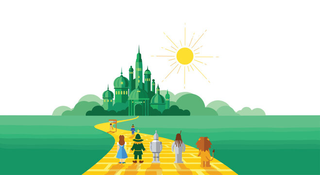 Iconic storybook characters journey along a winding yellow brick road toward a majestic green emerald city under a bright yellow sun in a flat illustration.