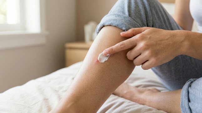 Woman Applying Cream to Leg Skin Care Treatment at Home