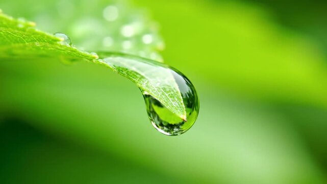 Fresh water drop clings to tip of green leaf