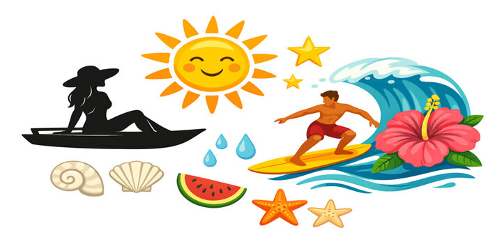 Colorful Summer Surfing Doodles with Surfer, Sun and Tropical Elements