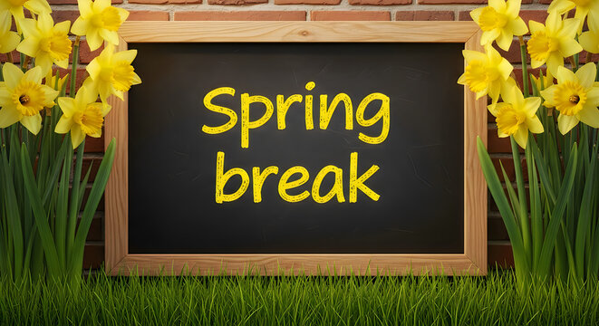 Spring break chalkboard with daffodils a seasonal greeting