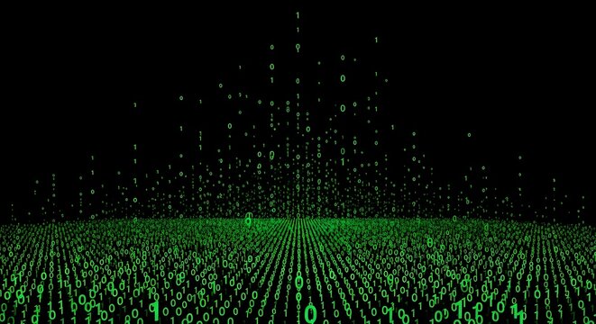 Digital rain of binary code with green glow effect