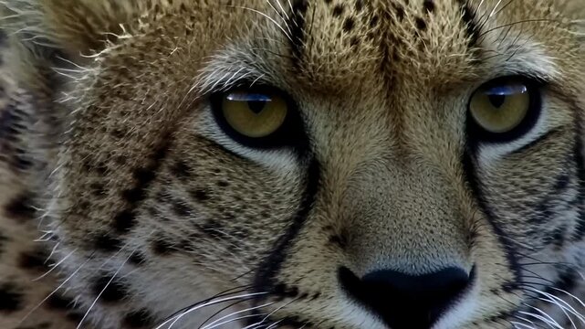 Intense gaze of a cheetah's face, showcasing its striking spotted markings and piercing eyes.