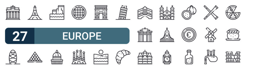 27 thin line Europe icons set for web, mobile apps and digital interface design featuring brandenburg gate, FdTKv 016 gherkin, eiffel tower, whKHk 038 louvre, moher cliffs, saint paul cathedral, © Nijat