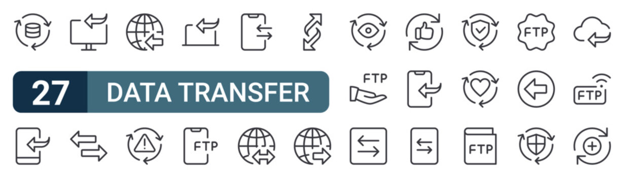 27 thin line Data Transfer icons set for web, mobile apps and digital interface design featuring database, transfer, transfer, transfer, data error, ftp and Editable stroke vector