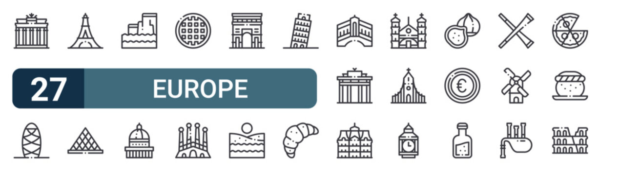27 thin line Europe icons set for web, mobile apps and digital interface design featuring brandenburg gate, FdTKv#016 gherkin, eiffel tower, whKHk#038 louvre, moher cliffs, saint paul cathedral,