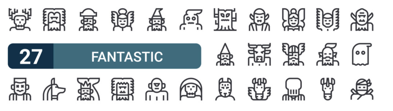 27 thin line Fantastic Characters icons set for web, mobile apps and digital interface design featuring wendigo, frankenstein, bigfoot, anubis, pirate, poseidon, angel, yeti and wizard. Editable
