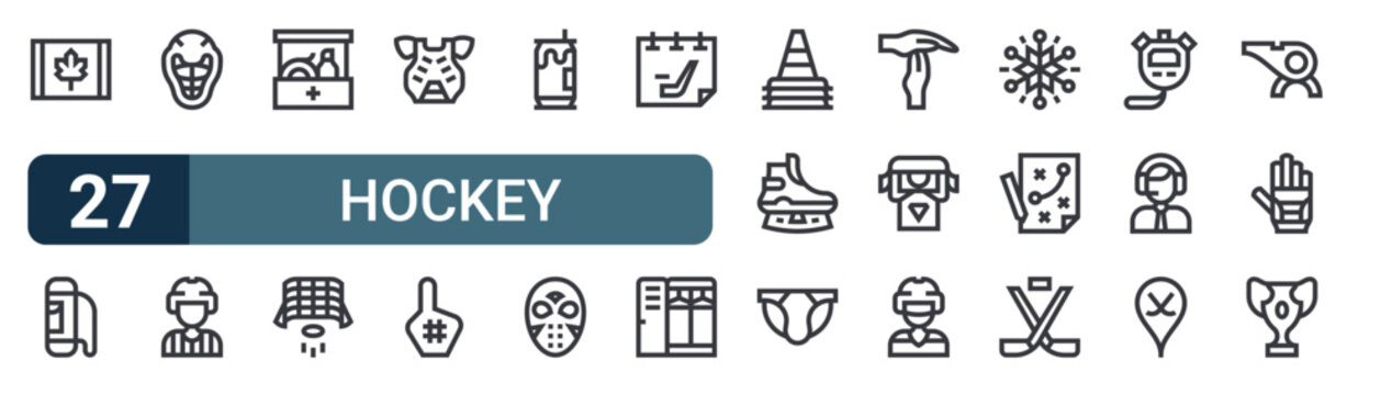 27 thin line Hockey icons set for web, mobile apps and digital interface design featuring canada, bag, helmet, referee, first aid kit, hockey goal, chest guard, foam hand and beer can. Editable