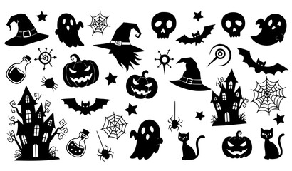 Halloween doodle silhouette sticker set with cute spooky witch ghost pumpkin and magic elements vector bundle © MdShakil