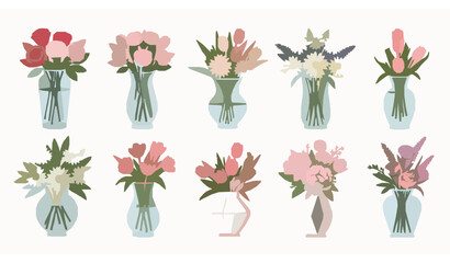 Spring summer flower bouquets in vases vector set with pastel floral arrangements for greeting cards and invitations © MdShakil
