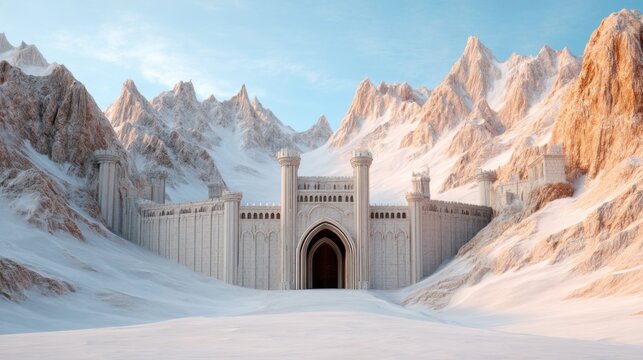 A massive formidable fortress carved directly into the granite face of a towering snow capped mountain range. Stone bridges and immense gates