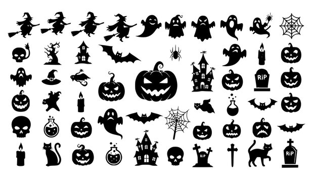Big Halloween black silhouette icon set with spooky witch ghost pumpkin skull haunted house vector collection