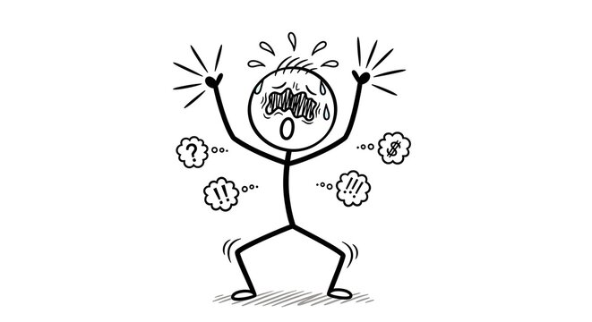 stickman, stick figure, stressed stick figure overwhelmed with problems, anxiety and panic concept with confused character, mental stress illustration with financial worries