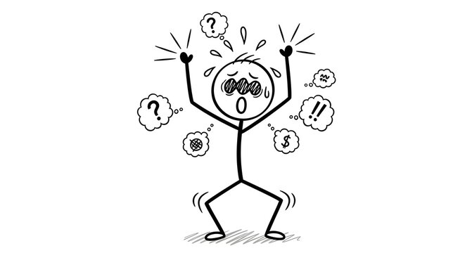 stickman, stick figure, stressed stick figure overwhelmed with problems, anxiety and panic concept with confused character, mental stress illustration with financial worries